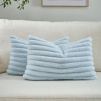 FUTEI Light Blue Striped Decorative Throw Pillow Covers 12x20 Inch Set of 2,Rectangle Winter Decorations Couch Lumbar Pillowcase,Soft Cozy Faux Rabbit Fur & Velvet Back,Modern Home Decor for Bed