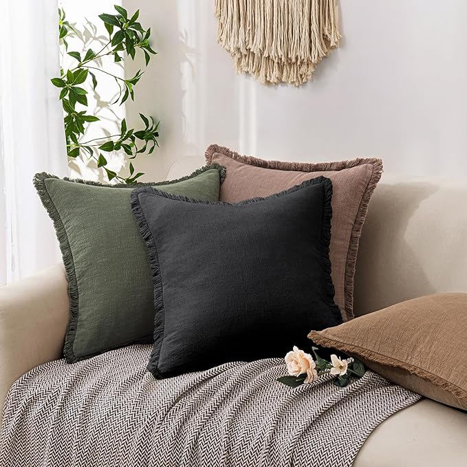 Woaboy Decorative Linen Fringe Throw Pillow Covers Boho Farmhouse Soft Euro Accent Pillowcases with Tassels for Bed Living Room Couch Sofa Bedroom,24x24 Inch Set of 2,Black