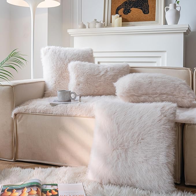 Neelvin Beige Faux Fur Cozy Fluffy Double-Sided Decorative Throw Pillow Covers 18x18 inch Set of 2,Velvet Pillowcase Cushion Case for Sofa Couch