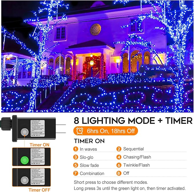 Christmas String Lights Plug in,33FT 100 LED String Lights with 8 Modes & Timer, Xmas Decorations for Trees Wreath, Outdoor Indoor Yard Garden Party Decor, Blue