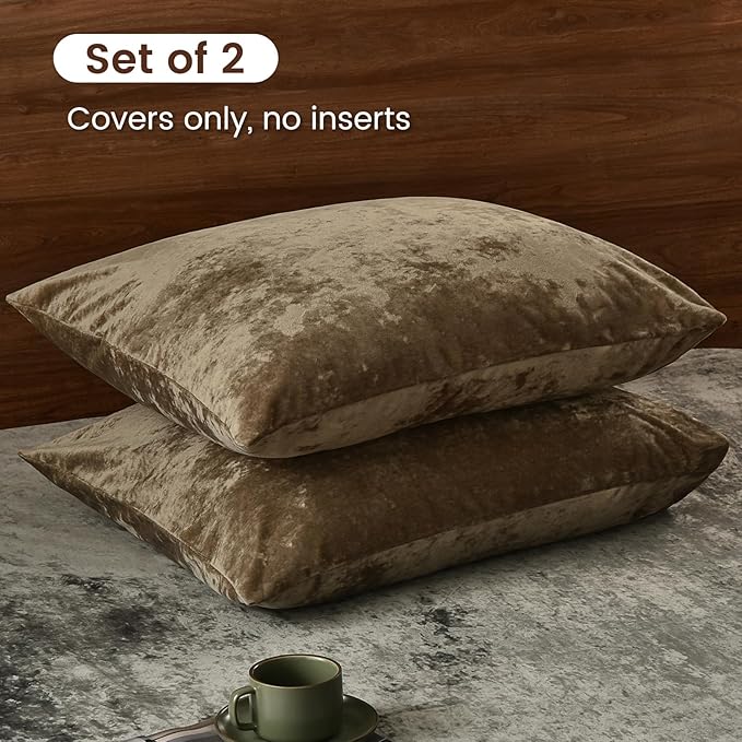PHF Truly Velvet Pillowcases King Size, No Insert, 2 Pack Ultra Soft Breathable Pillow Shams Covers with Envelope Closure, 20" X 36" Luxury Cozy Warm Fuzzy Flannel Pillow Cases, Khaki