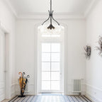 15.7" Large Glass Chandelier, 3-Light Industrial Farmhouse Chandelier, Black Round Pendant Light Fixture with Glass Shade for Dining Room Kitchen Sink Hallway Entryway