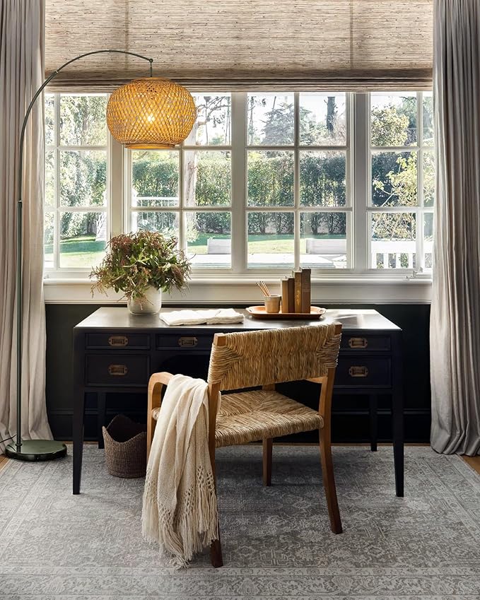 ALOADECOR 77" 1-Light Matte Black Arc Floor Lamp with Hand-Woven Bamboo Shade and Marble Base Farmhouse Rattan Floor Lamp for Living Room Dining Room Bedroom