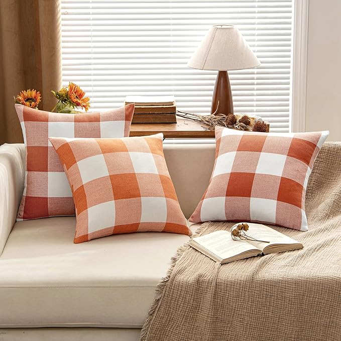 MIULEE Fall Throw Pillow Covers Pack of 2 Decorative Classic Farmhouse Buffalo Check Plaids Polyester Linen Soft Cushion Case for Couch Sofa Bedroom Outdoor 18 x 18 Inch, Burnt Orange