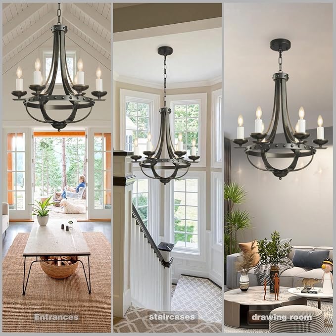 Farmhouse Hanging Chandelier，16 Inch Modern Rustic Vintage Pendant Ceiling Light Fixture,Black Gold Chandelier for Drawing Room Dining Room Bedroom Kitchen Island Hallway Foyer Entryway