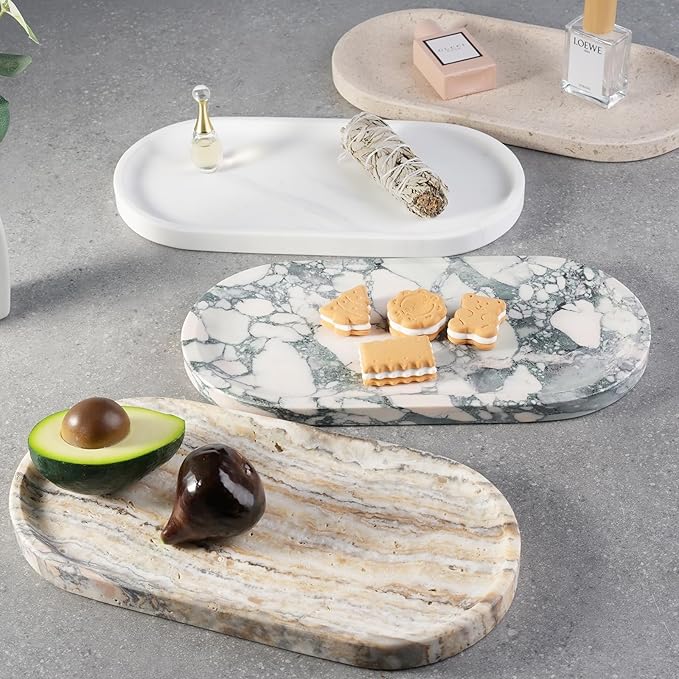Koville Natural Marble Tray for Bathroom Decor Countertop, Vanity Tray Italy Oval Stone Trays for Candles Perfume, Storage Trays for Cosmetics, Jewelry, Decorative Tray for Dresser Organizer(White)