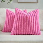 FUTEI Hot Pink Striped Decorative Throw Pillow Covers 24x24 Inch Set of 2,Square Winter Decorations Couch Euro Pillow Case,Soft Cozy Faux Rabbit Fur & Velvet Back,Modern Home Decor for Bed