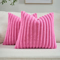 FUTEI Hot Pink Striped Decorative Throw Pillow Covers 16x16 Inch Set of 2,Square Winter Decorations Couch Pillow Case,Soft Cozy Faux Rabbit Fur & Velvet Back,Modern Home Decor for Bed