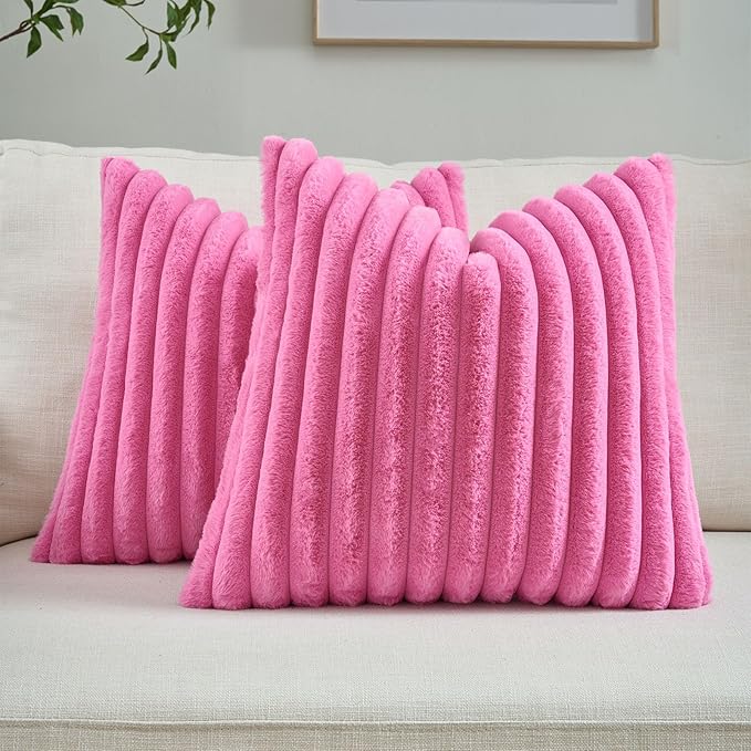 FUTEI Hot Pink Striped Decorative Throw Pillow Covers 16x16 Inch Set of 2,Square Winter Decorations Couch Pillow Case,Soft Cozy Faux Rabbit Fur & Velvet Back,Modern Home Decor for Bed