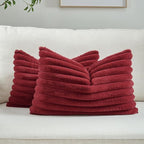 FUTEI Burgundy Striped Decorative Throw Pillow Covers 12x20 Inch Set of 2,Rectangle Winter Decorations Couch Lumbar Pillowcase,Soft Cozy Faux Rabbit Fur & Velvet Back,Modern Home Decor for Bed