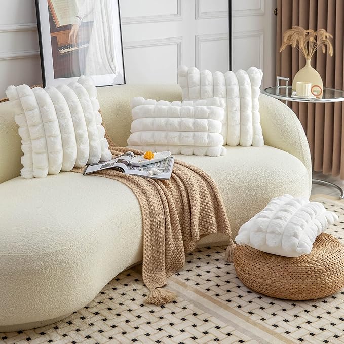 Neelvin Cream White Faux Fur Cozy Soft Plaid Decorative Throw Pillow Covers 24x24 inch Set of 2,Velvet Pillowcase Cushion Case for Sofa Couch