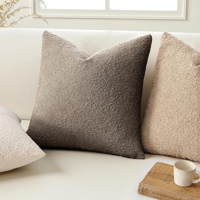 ANRODUO Pack of 2 Textured Boucle Throw Pillow Covers Soft Brown Decorative Accent Solid Pillow Cases Cozy Modern Couch Cushion Case for Chair Sofa Bedroom Living Room Home Decor, 20 x 20 Inch