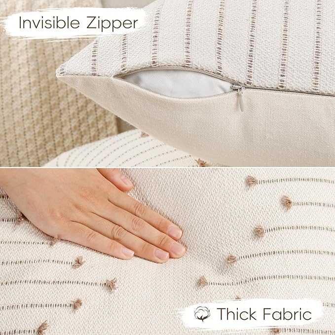 YCOLL Boho Throw Pillow Covers 20x20 Set of 2 Neutral Woven Decorative Pillowcases Cotton Tufted Couch Pillows Modern Farmhouse Accent Cushion Covers for Sofa Couch Bed Living Room Home Decor, Khaki