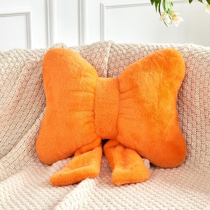 Bow Pillow, Soft Bow Decorative Pillows with Faux Rabbit Fur, Cute Bow Throw Pillows, Aesthetic Home Decor Bow Shaped Plush Pillow for Bedroom Sofa Couch (Orange, Large-16 Inch)