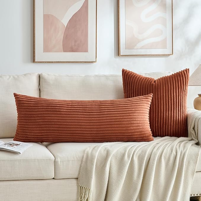 Fancy Homi Set of 2 Rust Boho Decorative Throw Pillow Covers 20x20 Inch for Couch Bed Sofa, Aesthetic Modern Organic Room Decor, Soft Fuzzy Striped Corduroy Cute Terracotta Textured Cushion Case 50cm