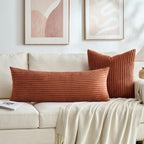Fancy Homi Set of 2 Rust Boho Decorative Throw Pillow Covers 18x18 Inch for Couch Bed Sofa, Aesthetic Modern Farmhouse Home Decor, Soft Fuzzy Striped Corduroy Terracotta Textured Cushion Case 45cm