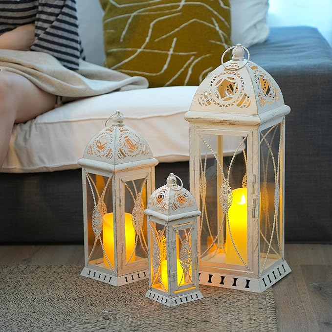 TRIROCKS Set of 3 Large Decorative Candle Lanterns 22''&16"&11" H Vintage Candle Holders for Garden Yard Patio Wedding Parties Events Christmas Indoors Outdoors(Beige with Gold Brush)