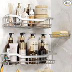 OMAIRA 3-Pack Shower Caddy with Soap Holder, Adhesive Rustproof No-drill Strudy Loading Inside Shower Organizer Shelves Rack Storage Bathroom Organization for Smooth Wall Glass Tile, Silver (X-Large)