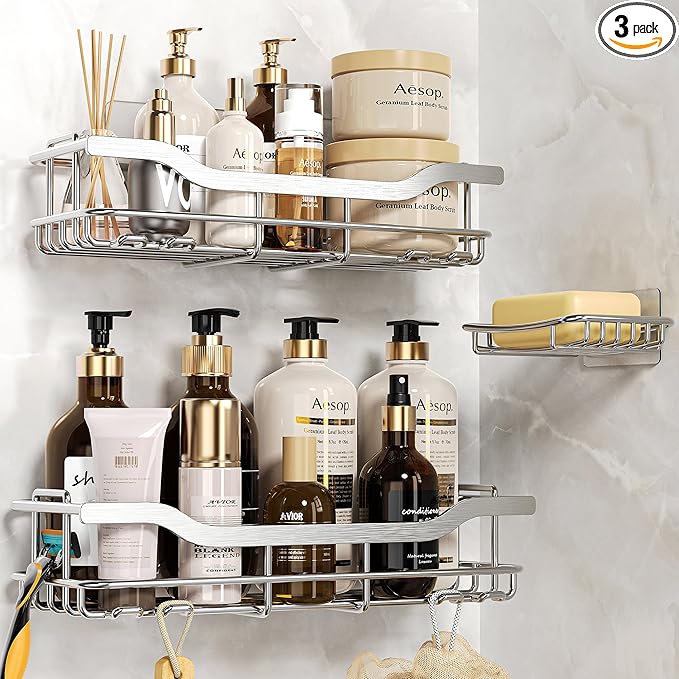OMAIRA 3-Pack Shower Caddy with Soap Holder, Adhesive Rustproof No-drill Strudy Loading Inside Shower Organizer Shelves Rack Storage Bathroom Organization for Smooth Wall Glass Tile, Silver (X-Large)