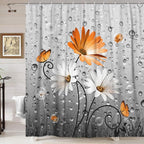 Rustic Farmhouse Orange Floral Shower Curtain, Farm Fall Daisy Flowers and Butterfly Bathroom Curtain, Country Yellow Red Gray Fabric Boho Shower Curtains with 12PCS Hooks, 70X70IN