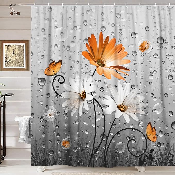 Rustic Farmhouse Orange Floral Shower Curtain, Farm Fall Daisy Flowers and Butterfly Bathroom Curtain, Country Yellow Red Gray Fabric Boho Shower Curtains with 12PCS Hooks, 70X70IN