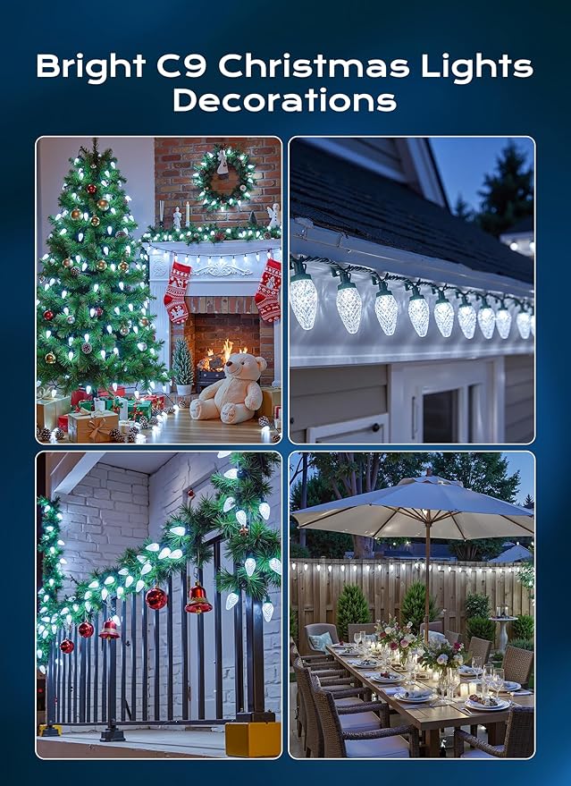 C9 Christmas Lights Outdoor, 66 FT 100 LED Connectable C9 String Lights with 8 Modes and Timer Extendable Xmas Tree Patio Roofline Garden Yard Holiday Party Indoor Outdoor Decoration, White