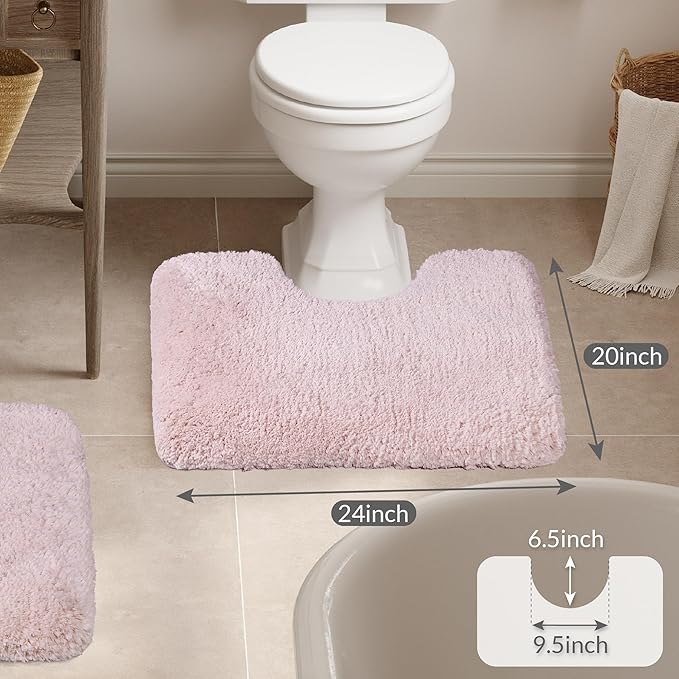 Walensee Contour Rug (20x24, Blush) Non Slip Bath Mat, Soft Microfiber Shaggy Mat, Machine Washable U Shape Toilet Rug