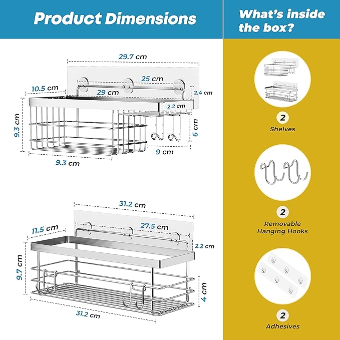 KESOL Shower Caddy and Soap Dish with Hooks Shower Shelf Organizer, No Drilling Adhesive Wall Mounted Bathroom Shelf, Rustproof SUS304 Stainless Steel (2 Pack), Silver