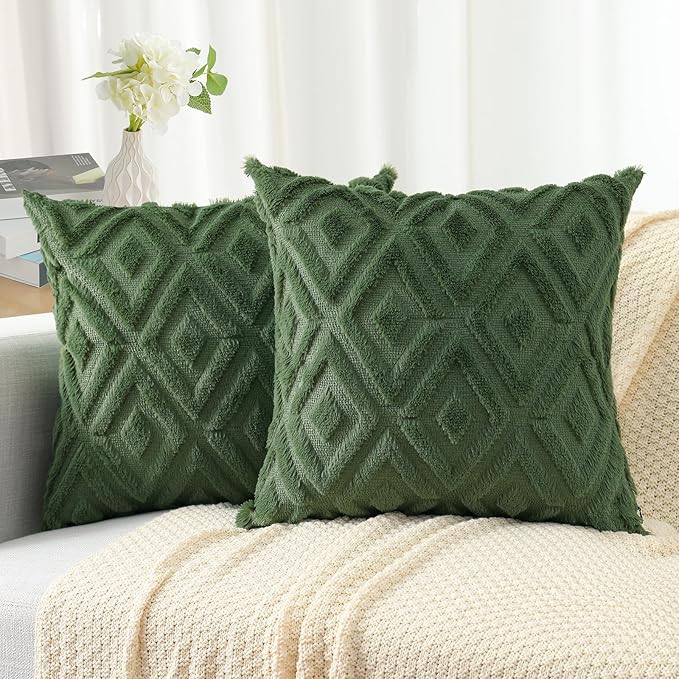 Pallene Christmas Forest Elf Throw Pillow Covers 22x22 Set of 2, Soft Plush Faux Fur Decorative Couch Pillow Covers for Sofa Bed Living Room Pillow Cases with 3D Diamond Pattern