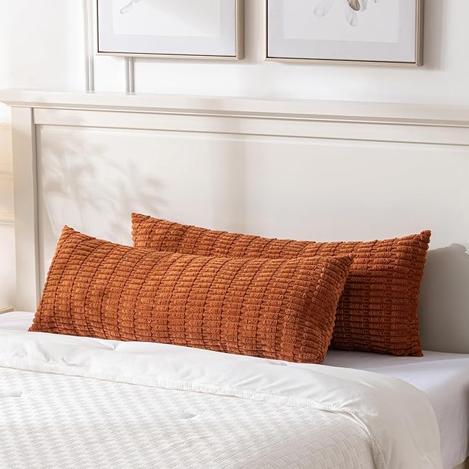 Fancy Homi Rust Long Long Body Lumbar Decorative Throw Pillow Covers 20x54 Inch for Bed Couch Bedroom Bench, Soft Corduroy Rectangle Solid Pillow Case, Terracotta Rustic Farmhouse Boho Room Decor