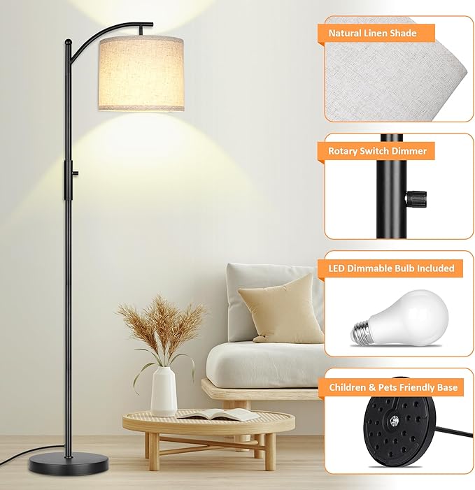 Dimmable Floor Lamp, Arc Floor Lamps for Living Room, Stepless Dimming Modern Standing Lamp with Linen Shade, Tall Lamp for Bedroom Office Dining Room- Black