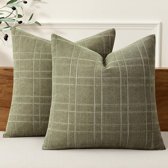 MIULEE Decorative Linen Check Euro Shams Throw Pillow Covers Neutral Farmhouse Vintage Pillow Covers 24x24 Set of 2 Boho Modern Home Decor for Sofa Couch Bedroom Cushion Sage Green