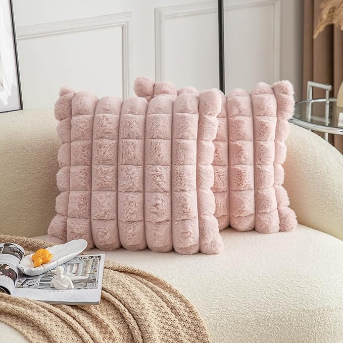 Neelvin Pink Faux Fur Cozy Soft Plaid Decorative Throw Pillow Covers 16x16 inch Set of 2,Velvet Pillowcase Cushion Case for Sofa Couch