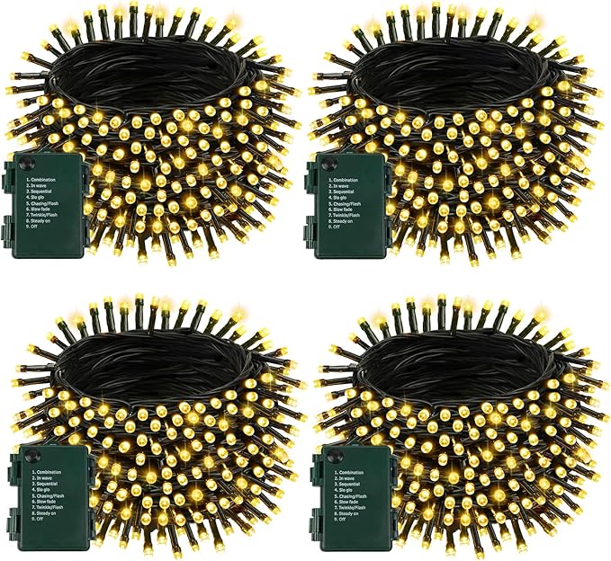 4 Pack Battery Operated Christmas Lights with Timer, 132FT 400 LED Waterproof Battery Twinkle Light, 8 Modes Green Wire Fairy Light for Indoor & Outdoor Bedroom Tree Christmas Decorations (Warm White)