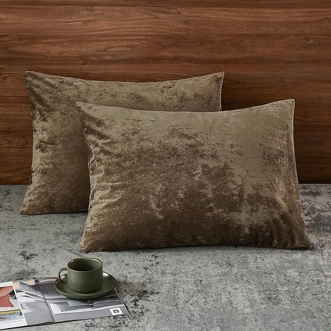 PHF Truly Velvet Pillowcases Standard Size, No Insert, 2 Pack Ultra Soft Breathable Pillow Shams Covers with Envelope Closure, 20" X 26" Luxury Cozy Warm Fuzzy Flannel Pillow Cases, Khaki