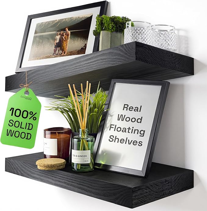 BAOBAB WORKSHOP Wood Floating Shelves for Bathroom Wall - Black Shelf 16 inch - Solid Wood Shelves for Wall for Bedroom Kitchen Living Room - Black Floating Shelves - 16 x 6.7 Inch, Set of 2