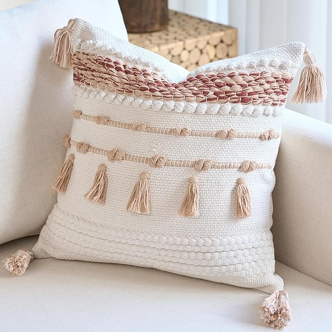 Boho Coral Decorative Pillow Cover with Cording and Tassels Handmade Accent Woven Textured Square Throw Pillow Case for Couch Sofa Farmhouse Living Room Home Decor 18"x18" Pink Rust
