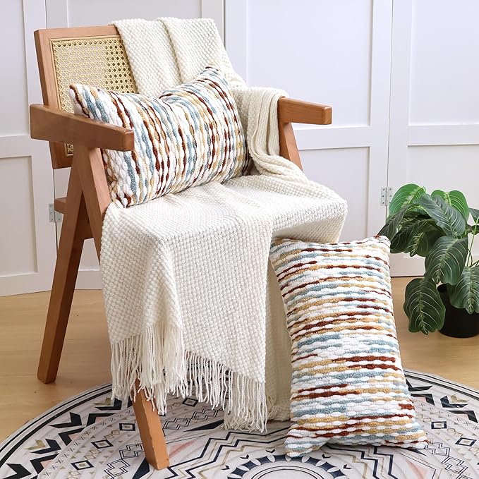 Boho Decorative Throw Pillow Covers 12x20 Inch, Chenille Tufted Pillow Cover Stripe Textured Lumbar Farmhouse Accent Pillowcase for Couch Sofa Bedroom Living Room, Red White Khaki Grey 1 Pack