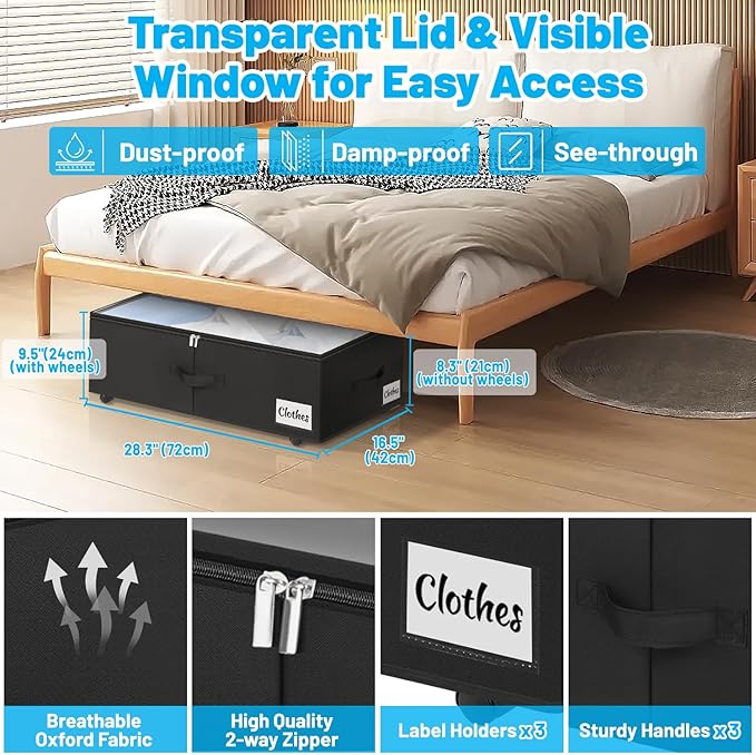 2 Pack Under Bed Storage with Wheels 10" Height, Rolling Storage Bins XXL 60L, Underbed Shoe Storage Containers with Label & Clear Lid, Dorm Under bed Drawers for Clothes, Shoes, Quick Assembly, Black