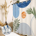 Boho Mid Century Leaf Shower Curtain Set,Arch Sun Design,Minimalistic Leaves Pattern,Waterproof and Luxurious Fabric-12 Hooks(Light Blue-72" x 78")