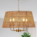 19.7" Boho Rattan Chandelier Vintage Farmhouse 5-Lights Hand-Woven Bamboo Golden Chandelier Light Fixture Retro Drum Wicker Gold Chandeliers for Dining Room, Kitchen, Living Room, E12