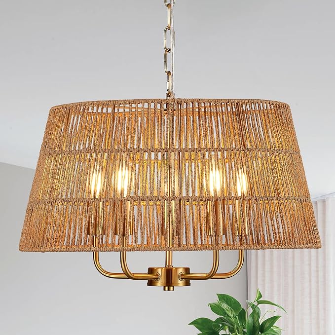 19.7" Boho Rattan Chandelier Vintage Farmhouse 5-Lights Hand-Woven Bamboo Golden Chandelier Light Fixture Retro Drum Wicker Gold Chandeliers for Dining Room, Kitchen, Living Room, E12