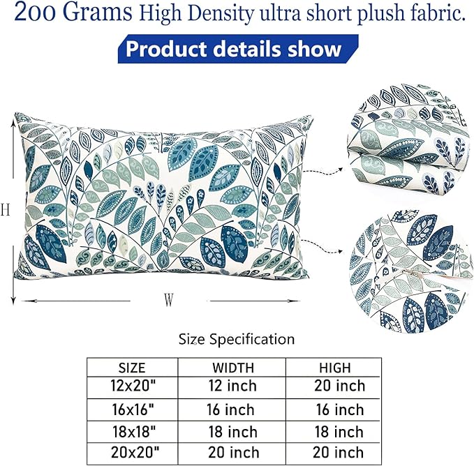 Decorative Throw Pillow Covers Set of 2 Blue Green Small Leaves Pillow Covers 12x20 inch Soft Short Plush Square Floral Throw Pillows,Farmhouse Outdoor Pillow Covers for Couch Living Room