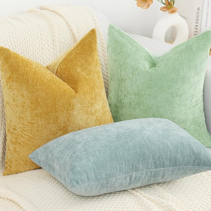decorUhome Chenille Mineral Yellow Throw Pillow Covers 22x22 Inch Set of 2, Decorative Soft Couch Pillow Covers Solid Dyed Accent Velvet Farmhouse Neutral Square Pillow Cases for Sofa Bed Living Room