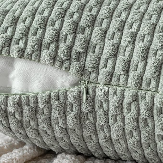 MIULEE Pack of 2 Decorative Throw Pillow Covers 18x18 Inch Soft Boho Striped Textured Corduroy Pillow Covers Modern Farmhouse Home Decor for Couch Bed Sofa Living Room Greyish Green
