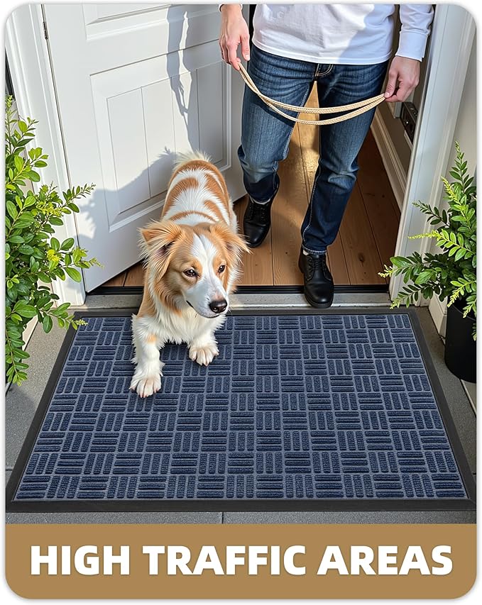 Color&Geometry Front Door Mat Outside Entrance, Heavy Duty Non Slip Low Profile Doormat for Entryway, Trap Dirt and Moisture Welcome Mats All-Weather, Easy Clean, Patio, Garage, 24"x36" Blue