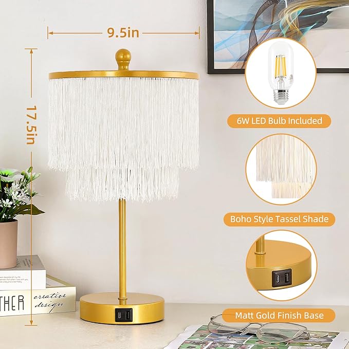 Bedside Lamps Set of 2, 3-Way Dimmable Touch Lamp with USB Charging Port, Boho Lamp with Tassel Lampshade for Bedroom, Living Room, Teens Room, Nightstand, LED Bulb Included