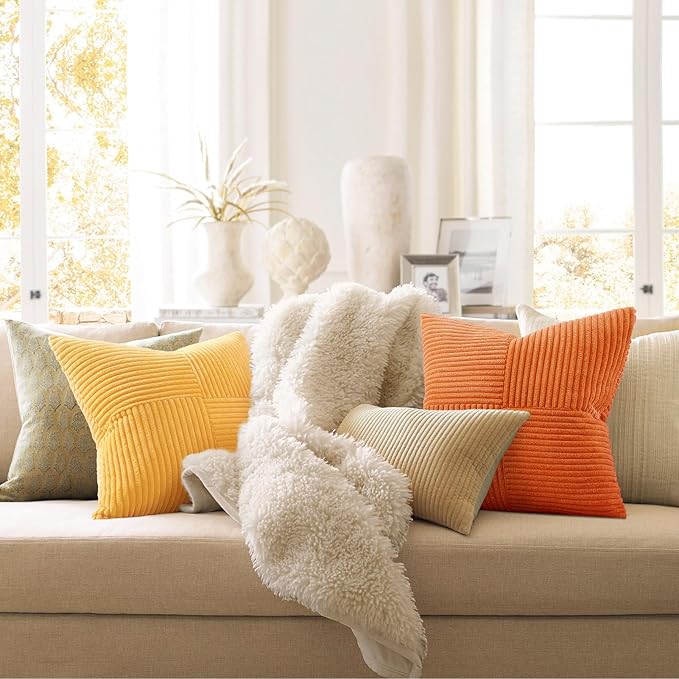Topfinel Fall Burnt Orange Decorative Throw Pillows Covers 24x24,Soft Corduroy Square Throw Pillow Covers Set of 4,Western Farmhouse Cushion Cover for Couch Sofa Bedroom(Terracotta,Rust,Yellow)
