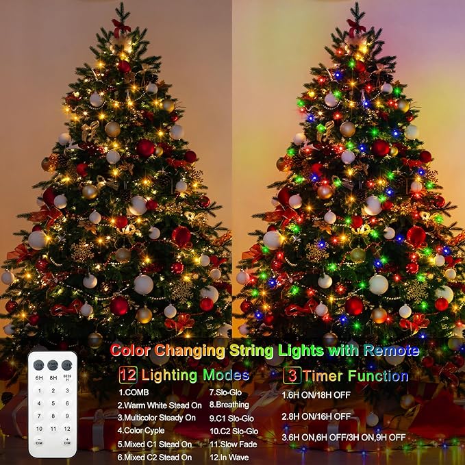 echosari 2 Pack Color Changing String Lights, 33 Ft 100 LED Christmas Fairy Lights Battery Operated Green Wire String Lights with Remote Timer for Bedroom Garden Party Wedding Deco (Multicolor)