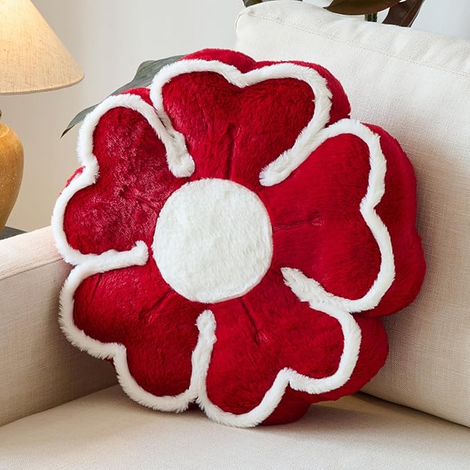 Flower Shaped Decorative Throw Pillow Cushion for Bed Couch, Cute Flower Plush Throw Pillows Home Decor Floor Pillow Seating Cushions (Burgundy, 17.7 Inches)